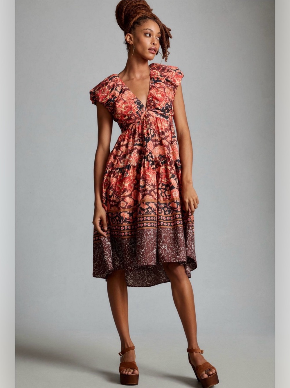 Anthropologie printed babydoll v neck Rust and Brown Floral High-Low Dress